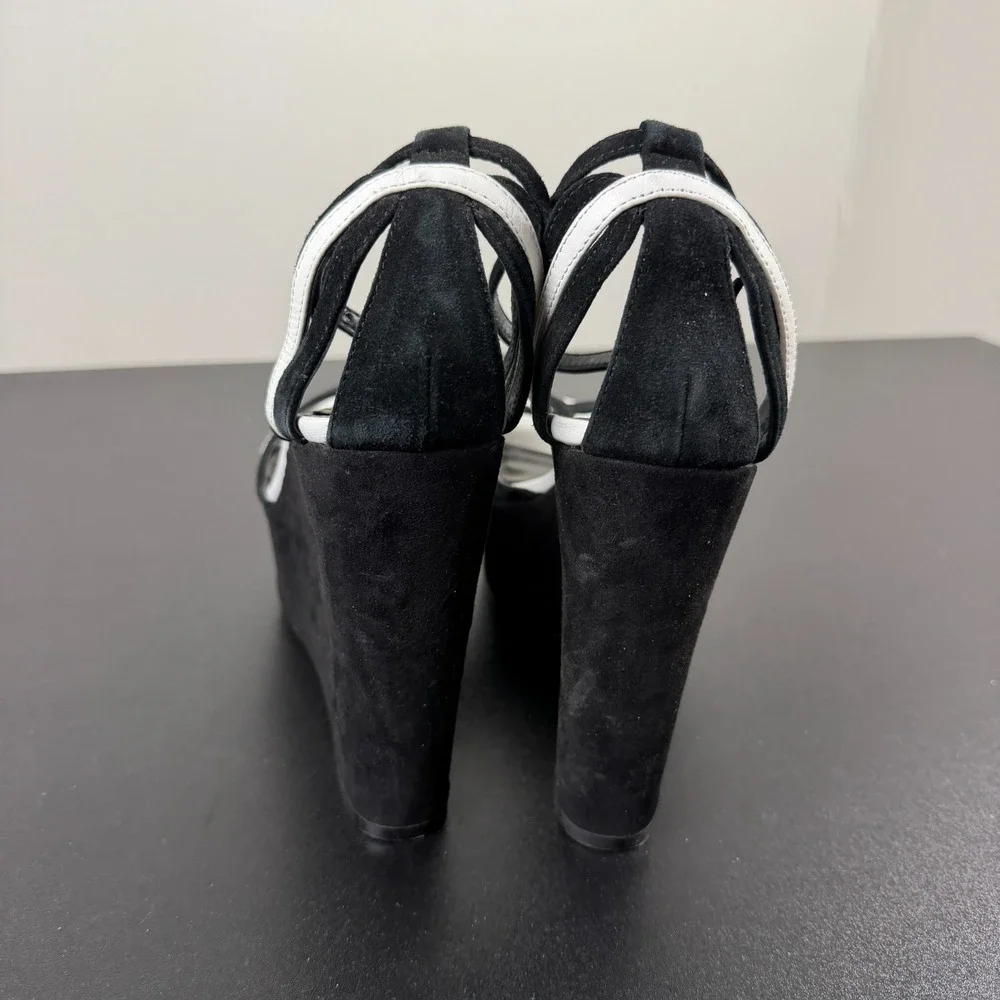 White House Black Market Platform Heels Womens 8M Black Suede Peep Toe Career
